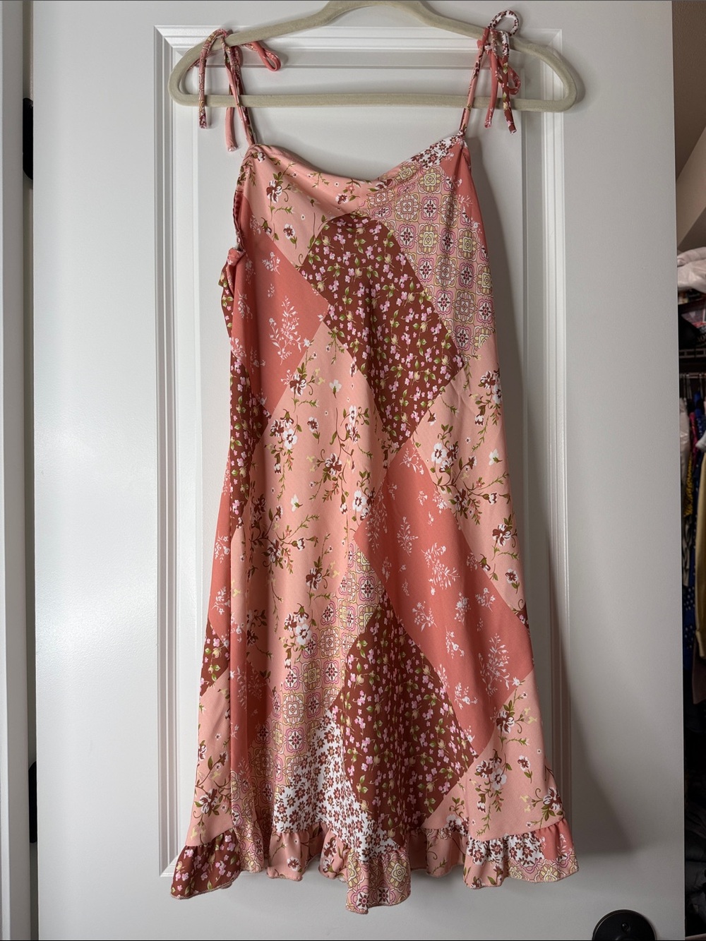 Floral Patchwork Tie-Shoulder Midi Dress in Pink